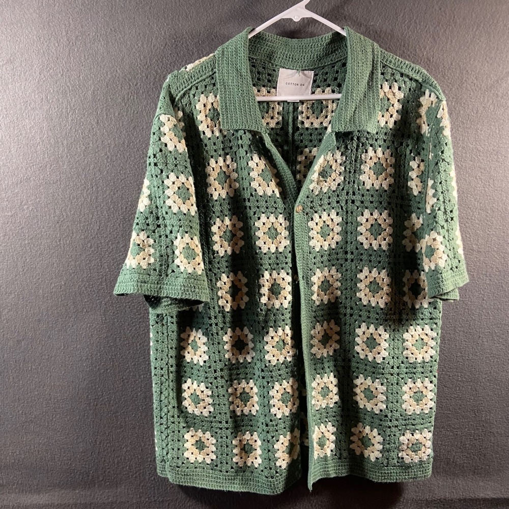 Cotton On men granny square Crochet Shirt L Button Up boho cottagecore retro